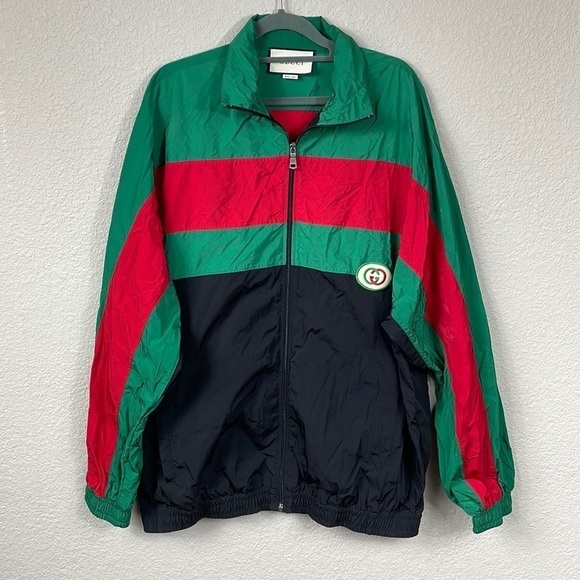 Gucci Oversized Nylon Track Jacket Water Repellent Black Green Red Mens Sz M - Picture 2 of 16
